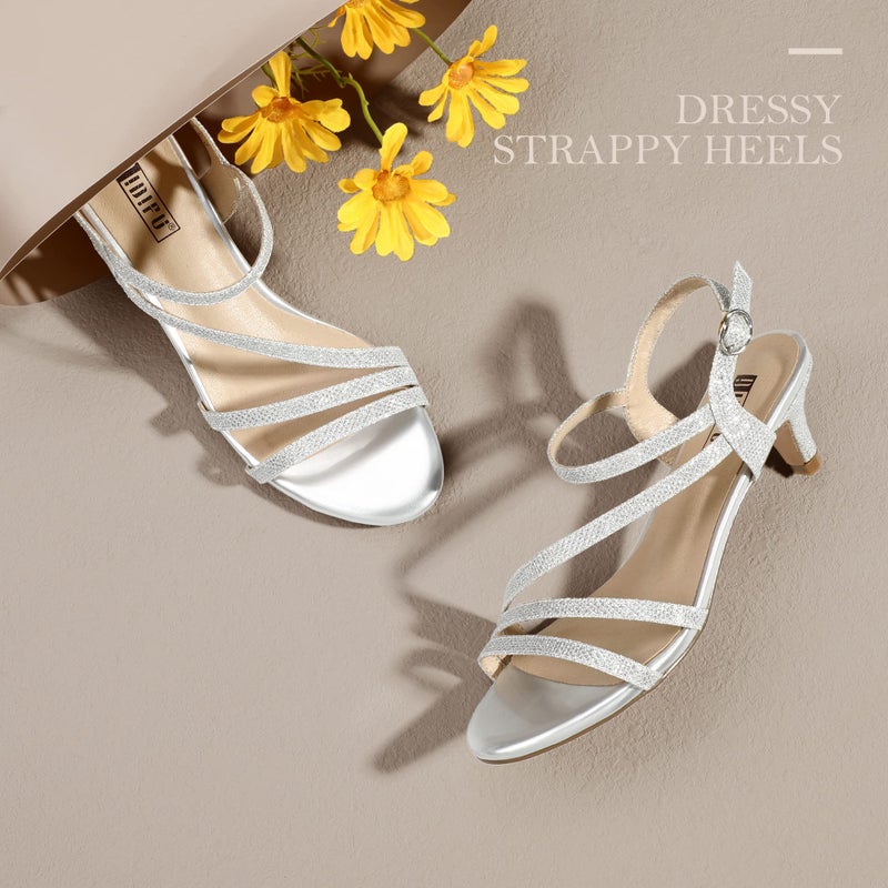 IDIFU Women's Dressy Strappy 2 Inch Low Kitten Heel Open Toe Sandals Dress Shoes for Woman Lady in Bridal Dance Evening(Silver Glitter, 10) - Image 5
